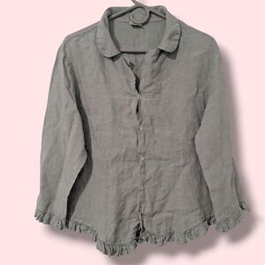 CP Shades Blue 100% Linen Ruffle Trim V-Neck Long Sleeve Button-Up Top